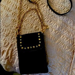 Cell phone crossbody satchel with gold accents